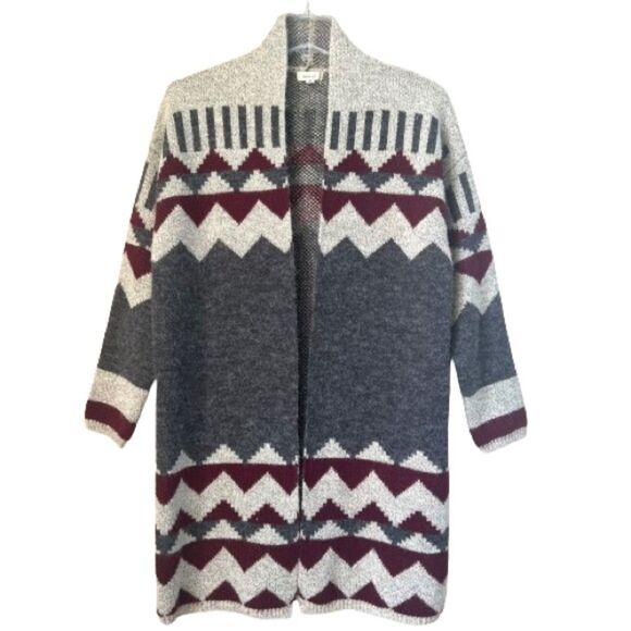Debut Boho Southwestern Grey Burgundy Duster Cardigan Sweater Size S - Picture 1 of 13